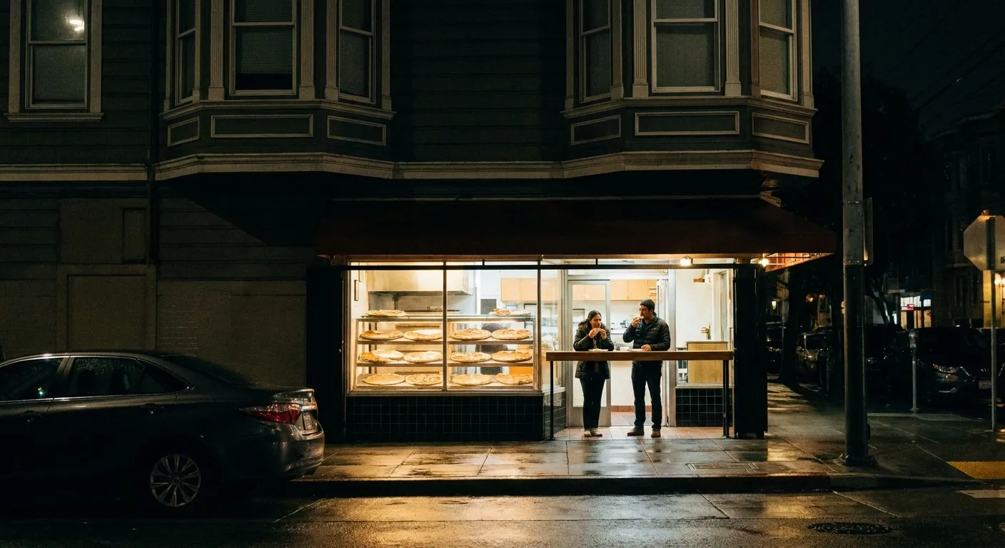 A brightly lit narrow San Francisco pizza counter just after midnight with a warming case inside and wet pavement reflecting the light