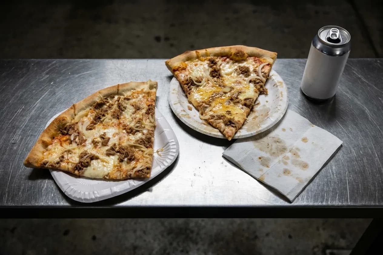 Two reheated pizza slices on paper plates on a scuffed steel ledge under hard fluorescent light at night