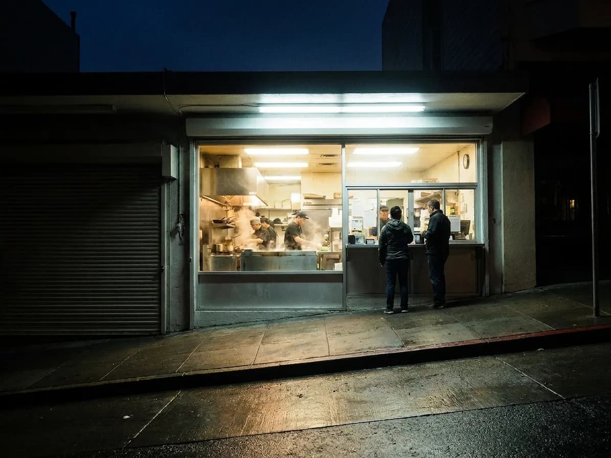 A small fluorescent-lit San Francisco takeout kitchen open at night beside a shuttered shop, with damp pavement reflecting the light