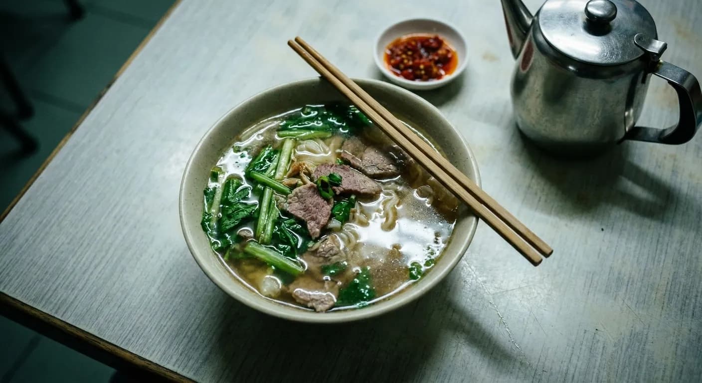 A large bowl of noodle soup with greens and sliced meat on a formica table under hard fluorescent light