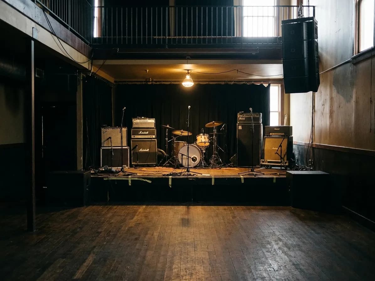 A mid-sized club stage before doors with a backline of amplifiers and a drum kit under a single work light and cables taped across the boards