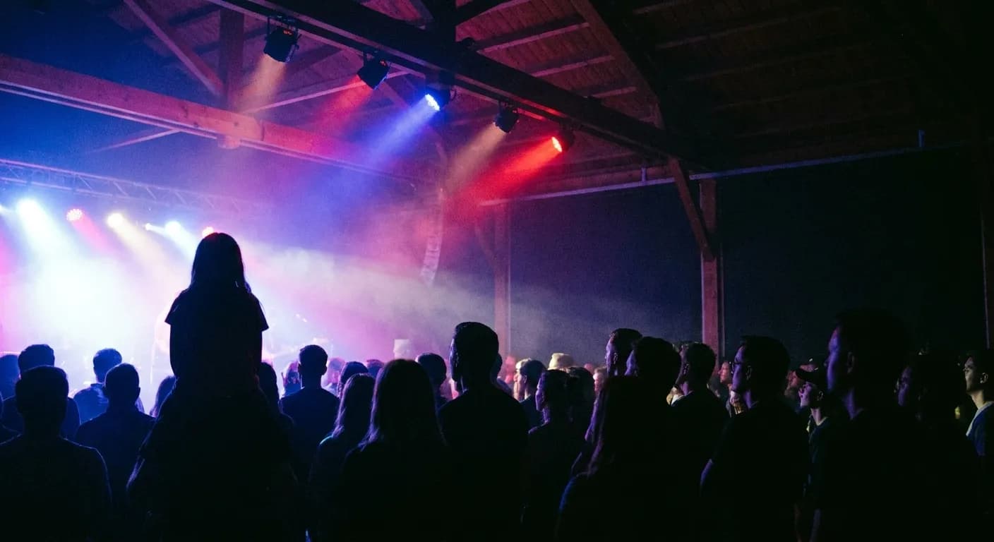 Silhouetted shoulders and heads in a small hall angled toward a bright out-of-frame stage with coloured light across the ceiling