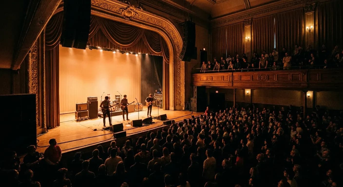 A historic music hall with a band mid-set under a proscenium arch, an ornate balcony full of people and a packed floor below