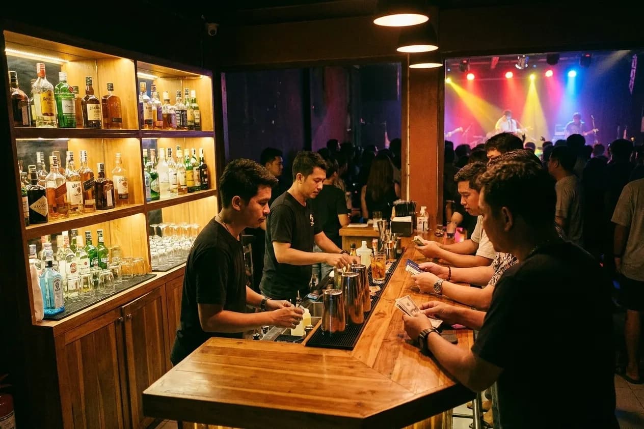 The short wooden bar at the back of a music venue with two bartenders working and coloured light spilling through a doorway