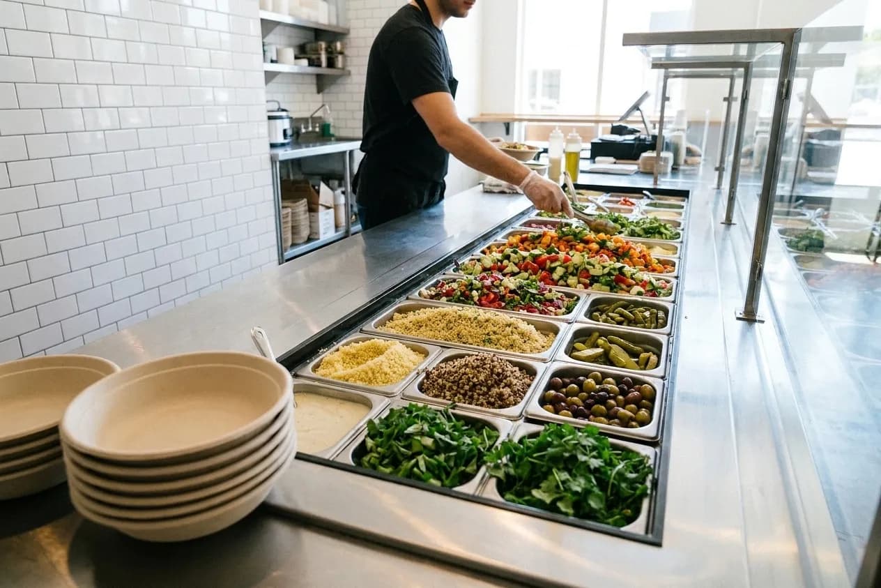 A stainless steel Mediterranean serving line of grains, chopped salads and pickles with a stack of shallow bowls at the near end