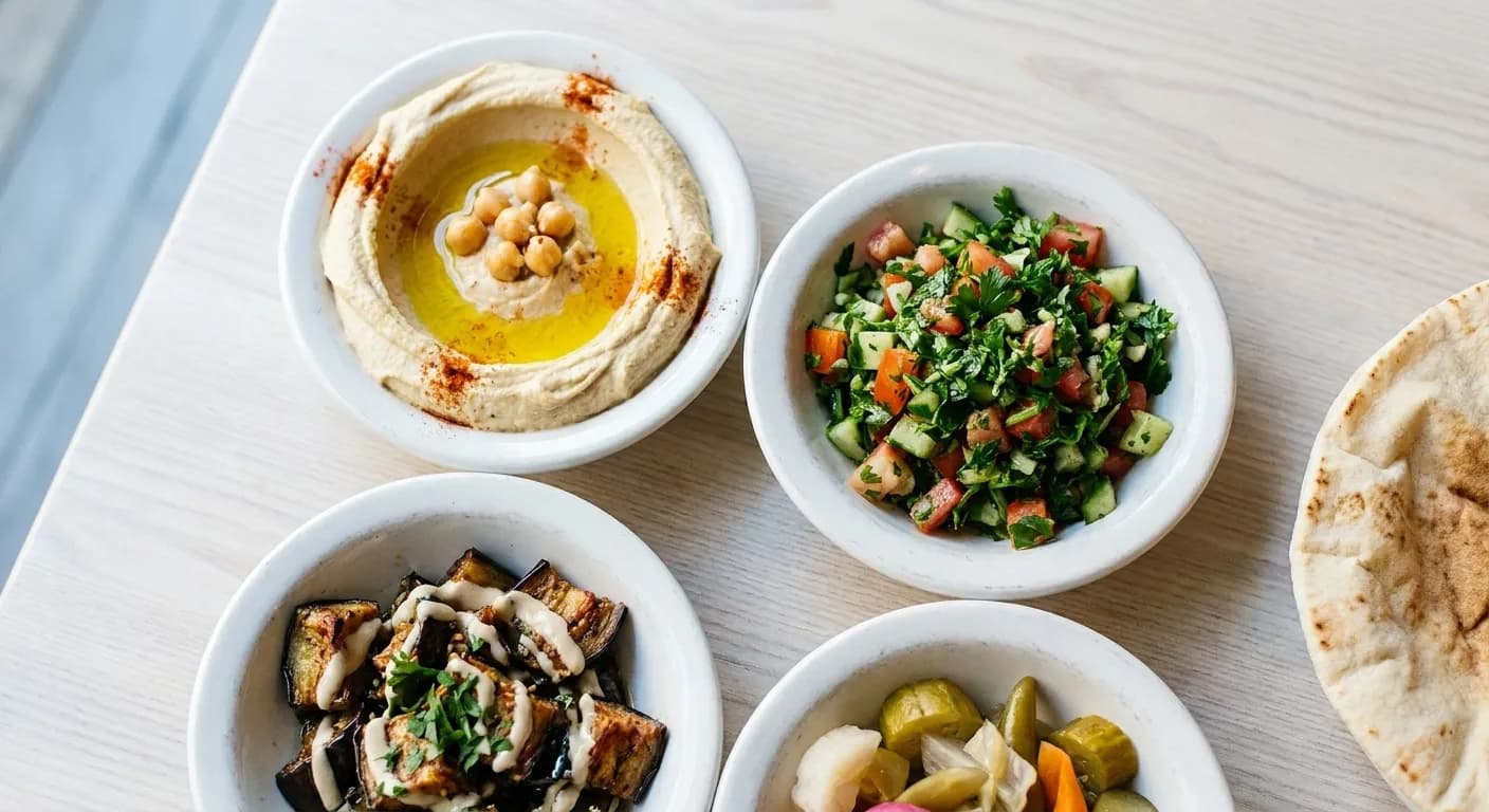 Four small white dishes of mezze on a pale wooden table with folded flatbread at the edge, lit by cool daylight