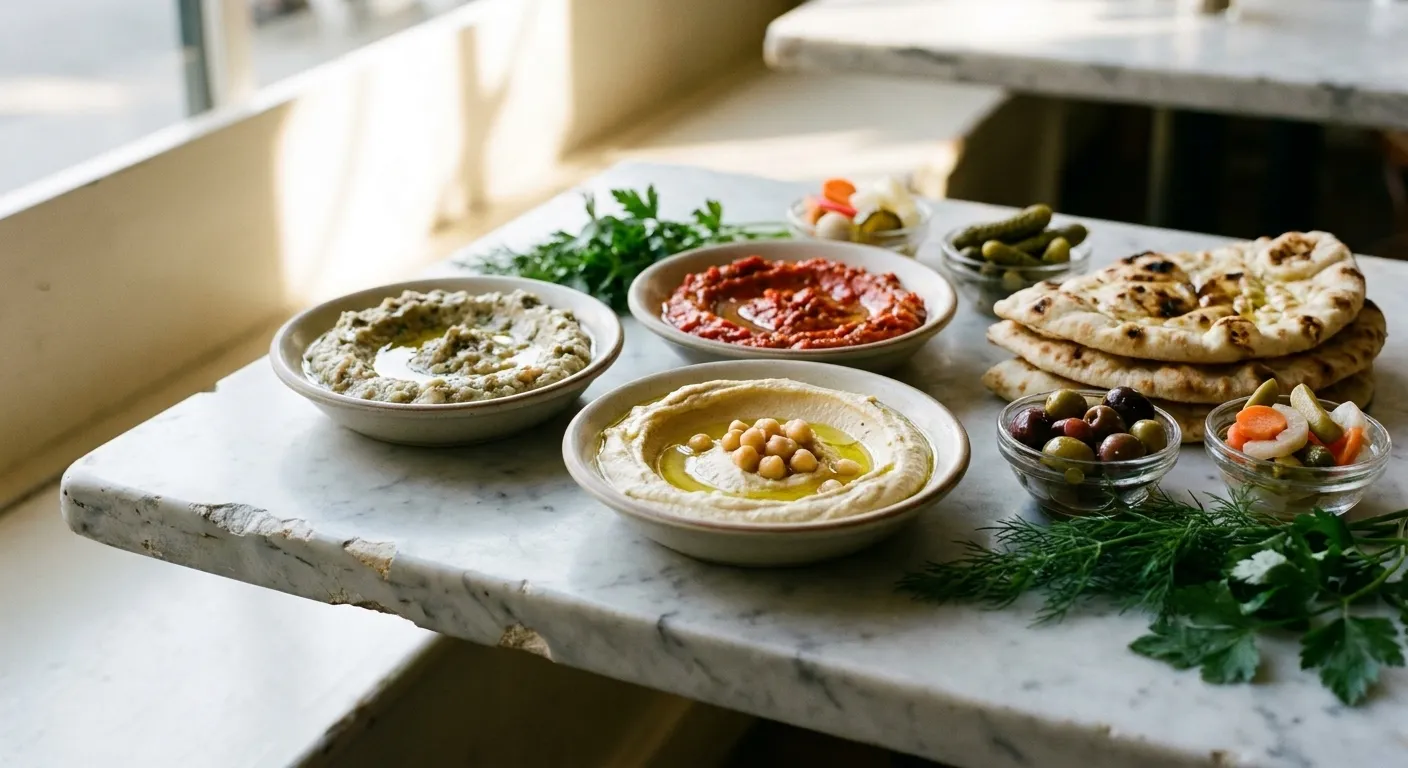 A San Francisco table spread with shallow bowls of dips, blistered flatbread and small dishes of pickles in late-afternoon light