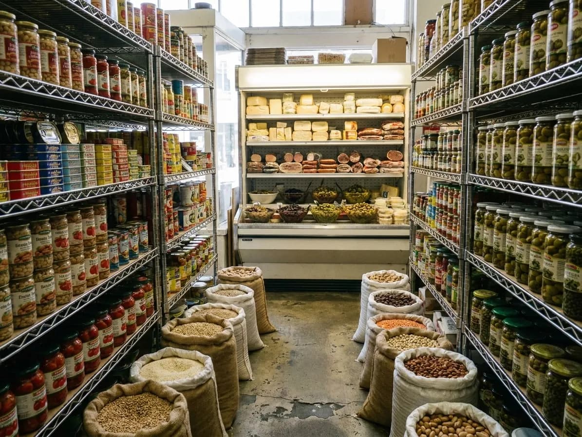 A narrow Mediterranean grocery in San Francisco with shelves of jars and tins, open sacks of grain and a cold case at the far end