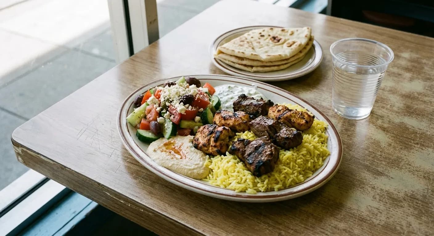 A Mediterranean combination plate of rice, grilled meat, salad and dip on a laminate table beside a stack of flatbread