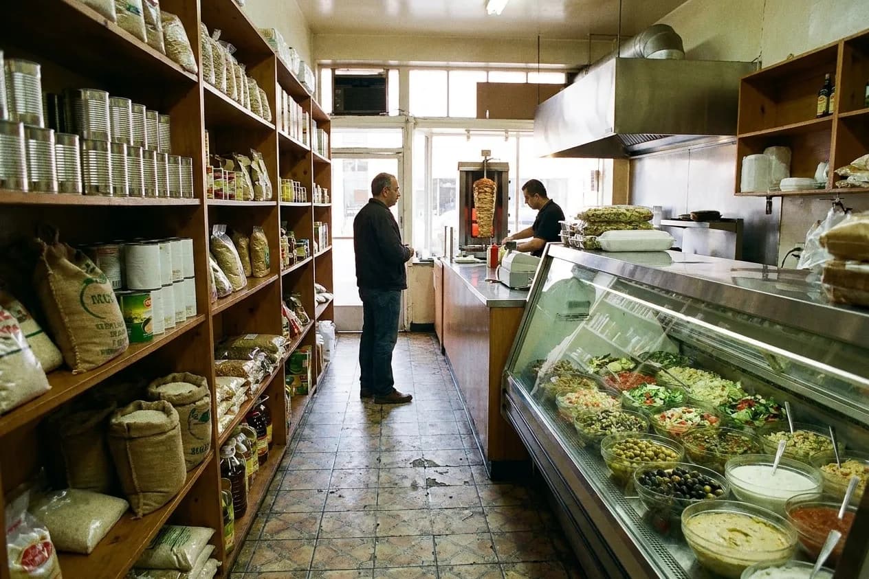 A small family-run Mediterranean shop interior in San Francisco with shelves of goods, a chilled salad case and a lit counter at the back