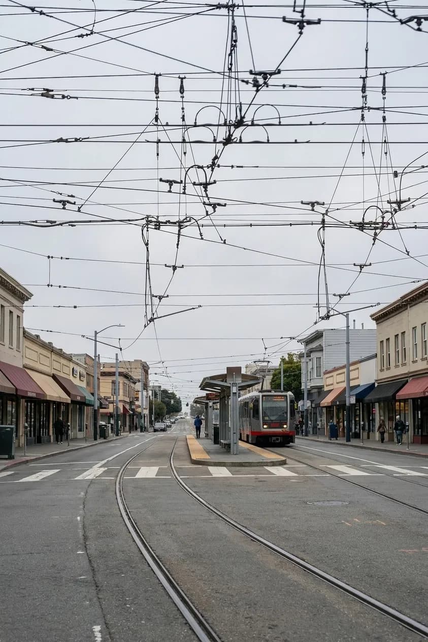 A San Francisco commercial corridor with streetcar rails set into the asphalt, low awnings on both sides and a boarding island ahead