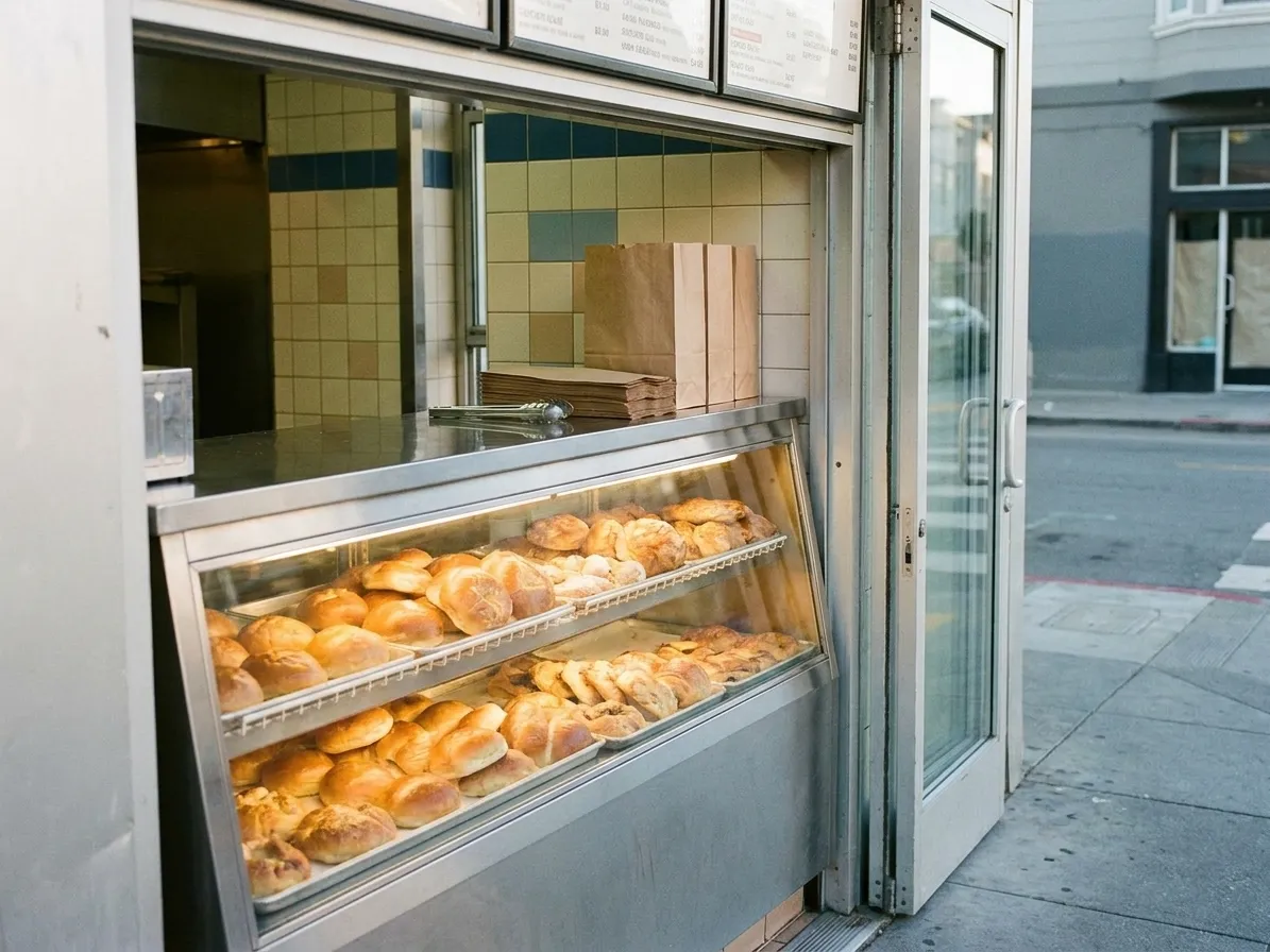 A glass-fronted case of buns and pastries under warm light with a steel counter, paper bags and tongs on top