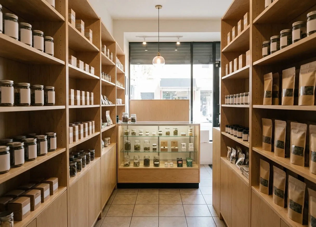 A small San Francisco cannabis shop with a glass display counter of unbranded jars, pale timber shelving behind and daylight from the shopfront
