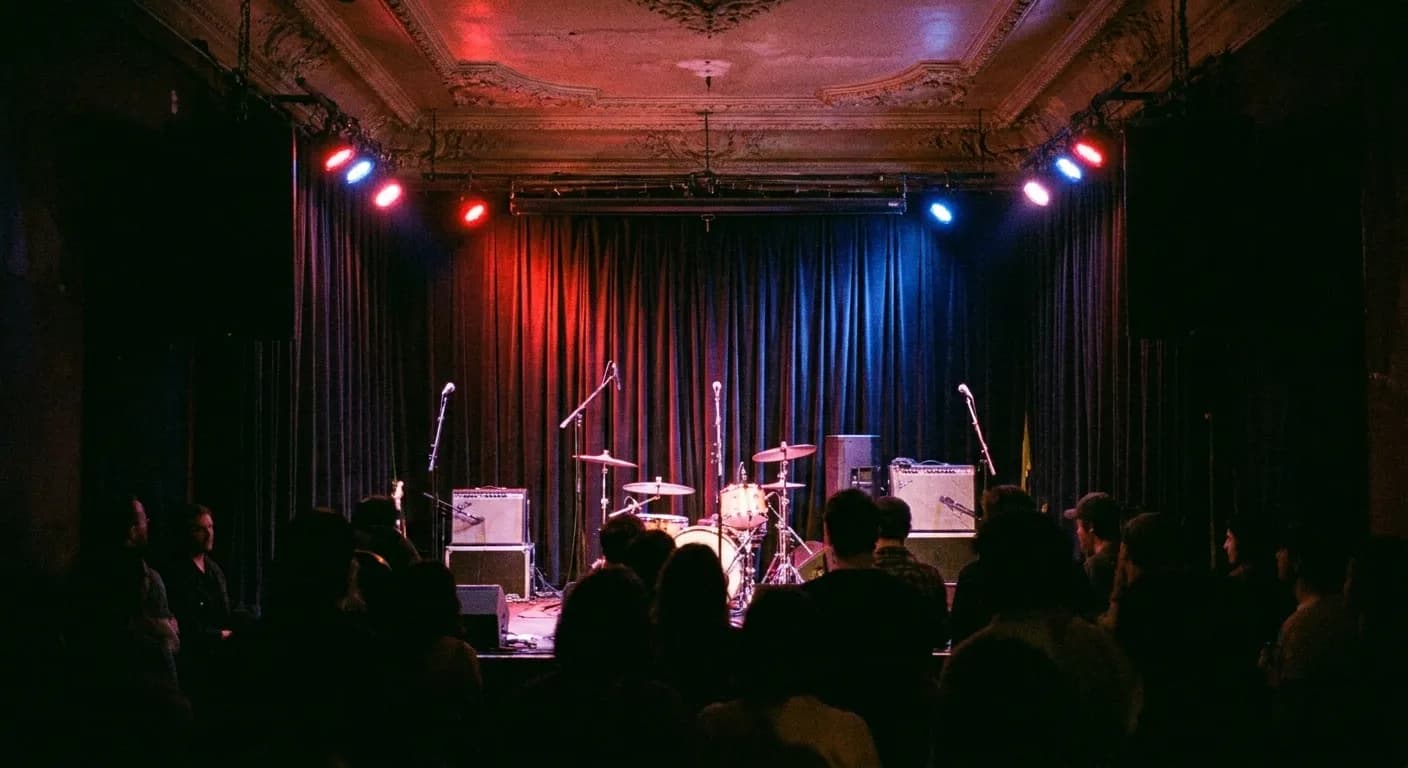 A small San Francisco music room during a set, a low stage with a drum kit and amplifiers under red and blue wash lighting on a heavy curtain, with silhouetted heads in the dark foreground