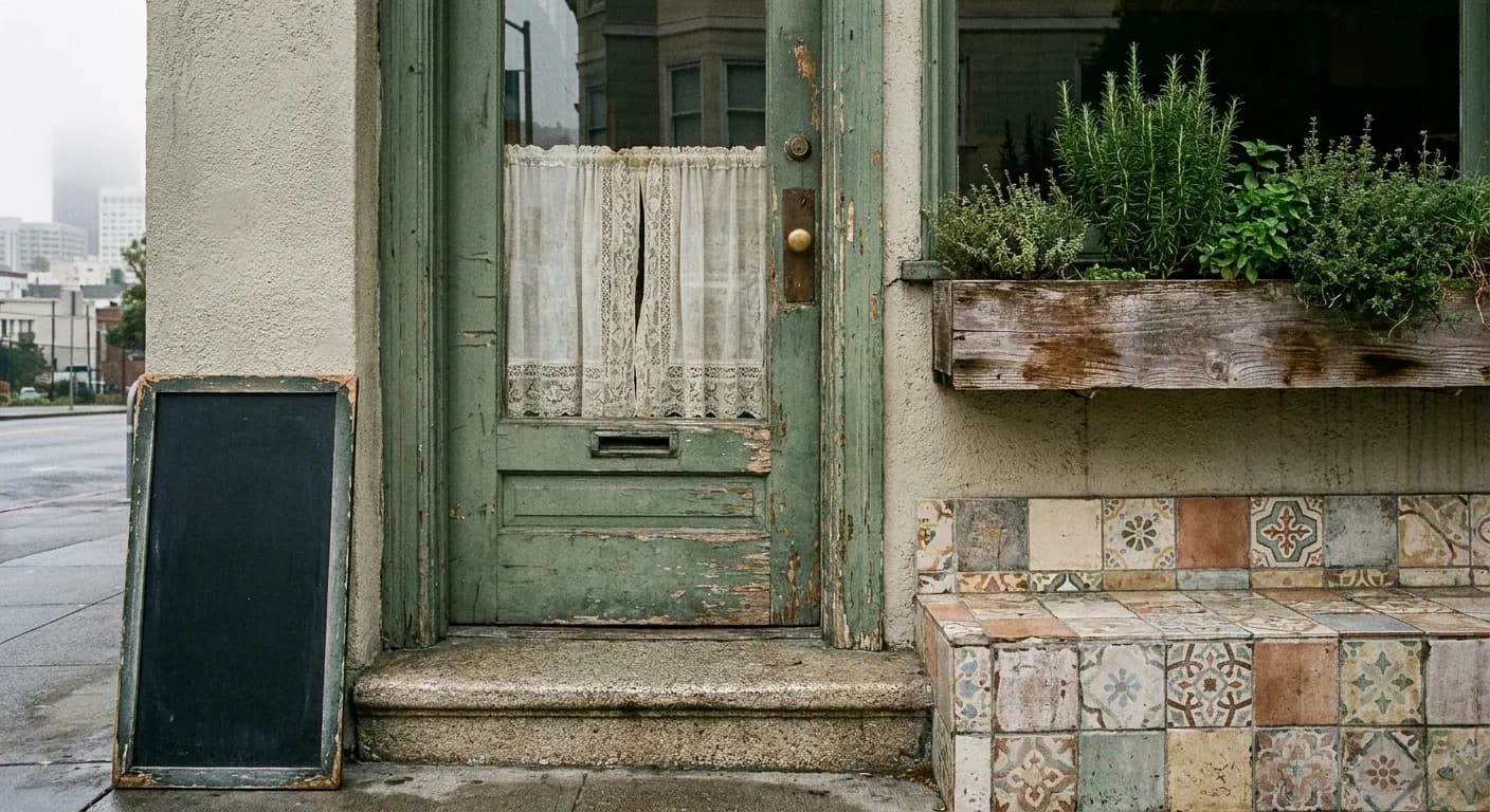 A painted timber restaurant doorway with a half-curtained glass panel, a worn stone step and a window box of herbs beside it