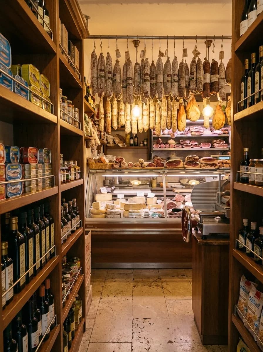 A small Italian delicatessen with a glass counter of cheese and cured meats, salami hanging above and shelves of tins behind