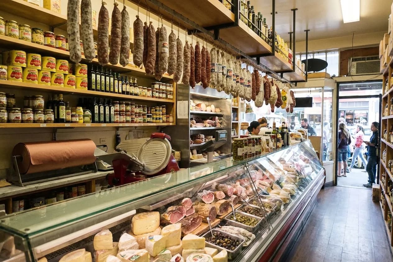 An Italian delicatessen counter in North Beach with cured sausages hanging above a case of cheeses and sliced meats, a red slicer on the counter and shelves of tins behind