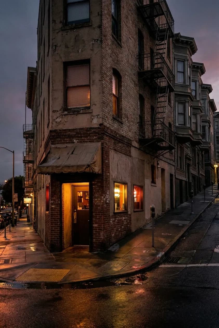 A narrow corner bar in North Beach at dusk with warm light behind small windows, a set-back doorway and a steep street rising away beside it