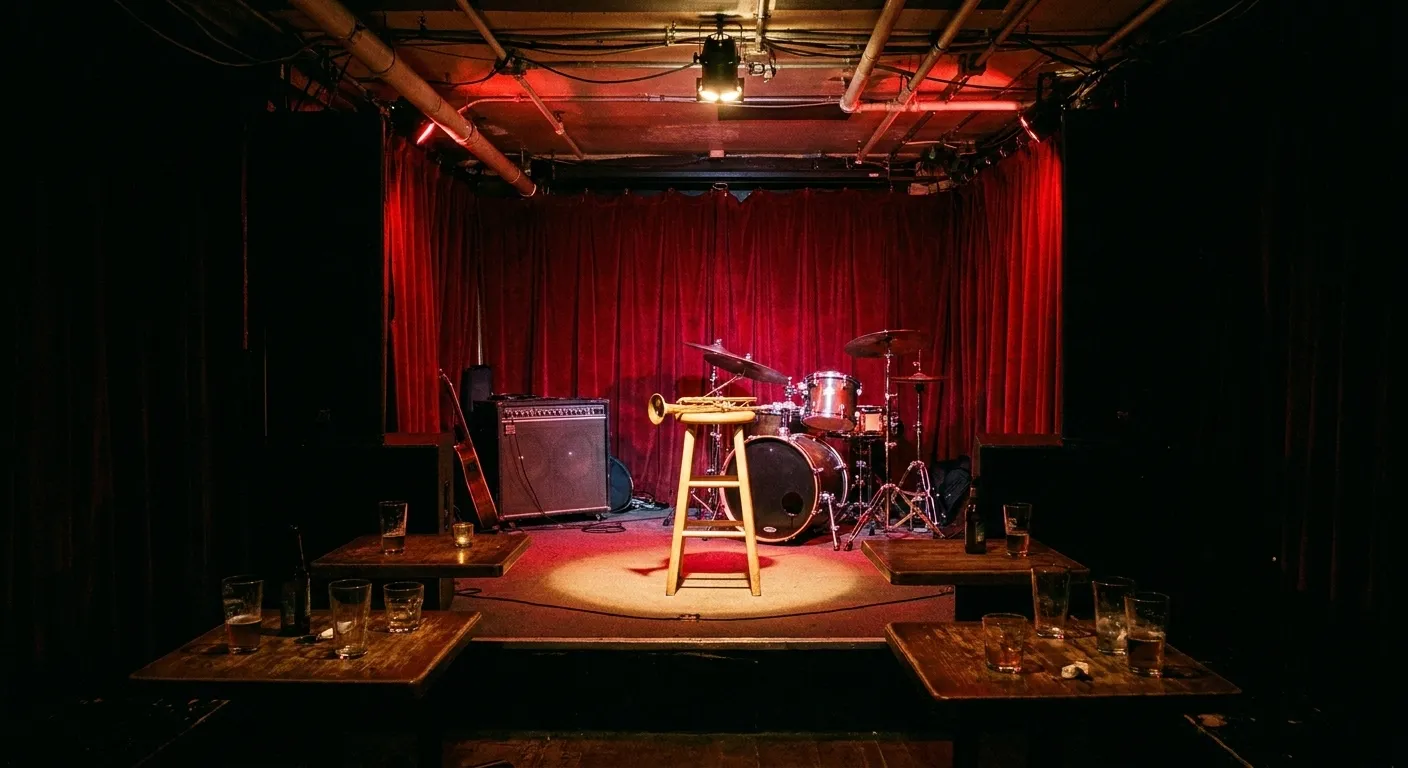 A corner stage in a tiny San Francisco back room, a drum kit and bass amp beside an empty stool with a horn resting on it under a single warm spotlight against a red curtain
