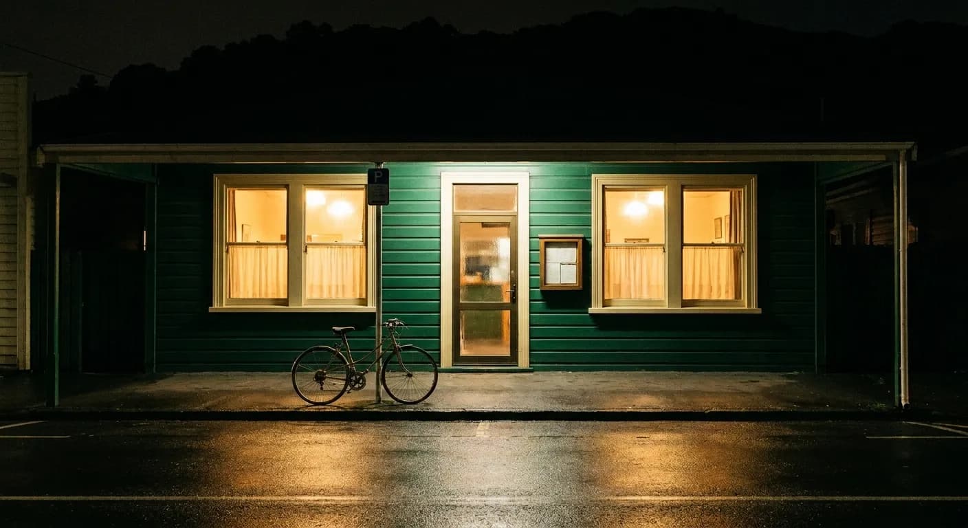 A small North Beach restaurant frontage at night, two half-curtained sash windows glowing warm in a deep green painted facade beside a blank menu box, with wet pavement holding the reflection