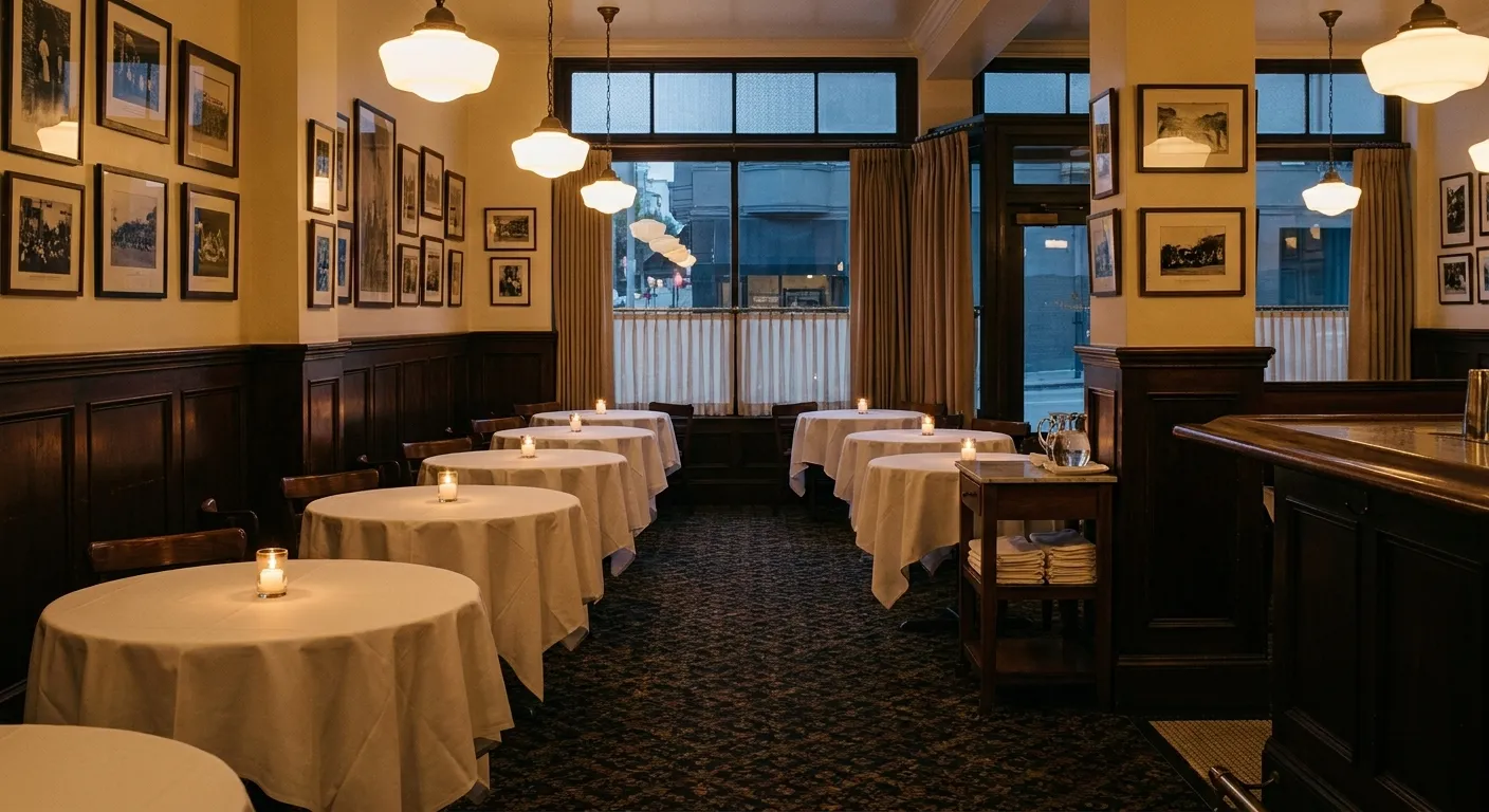 A small old-fashioned San Francisco dining room with six white-clothed tables, carpet, dark wainscoting and a curtained window onto a dim street