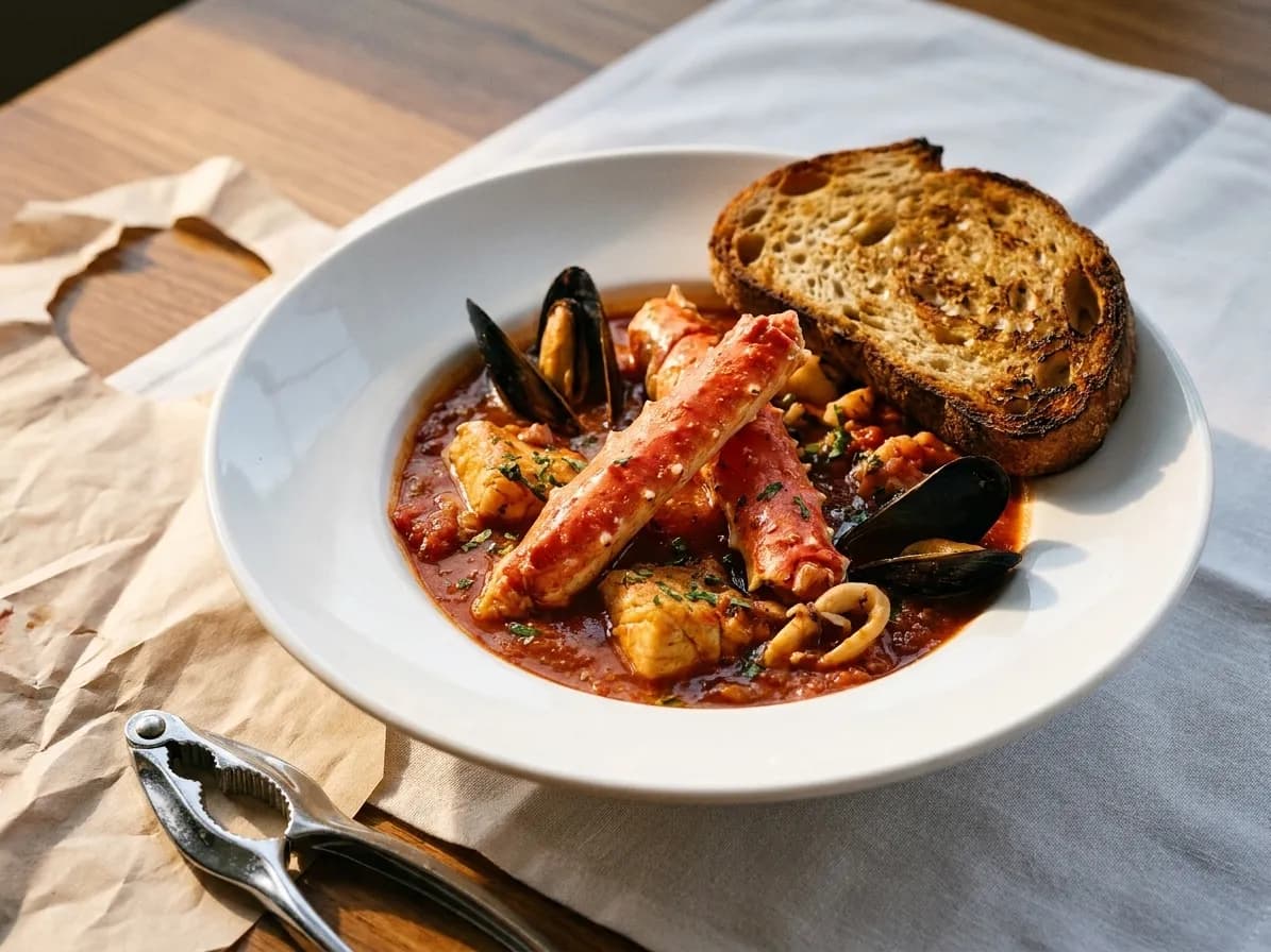 A wide bowl of tomato seafood stew with crab legs and mussel shells breaking the surface and toasted sourdough on the rim
