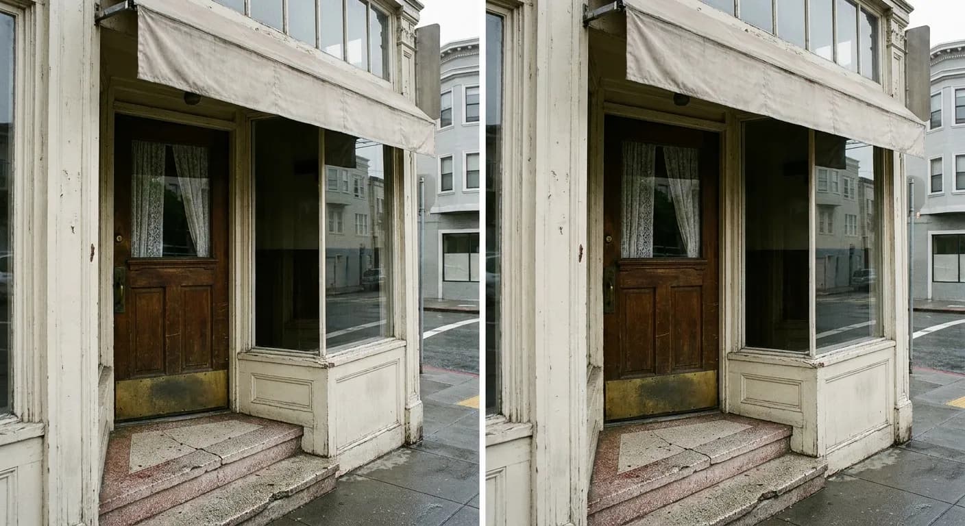 The narrow painted shopfront of a long-established San Francisco restaurant, with a half-curtained window, worn brass kick plate and faded awning