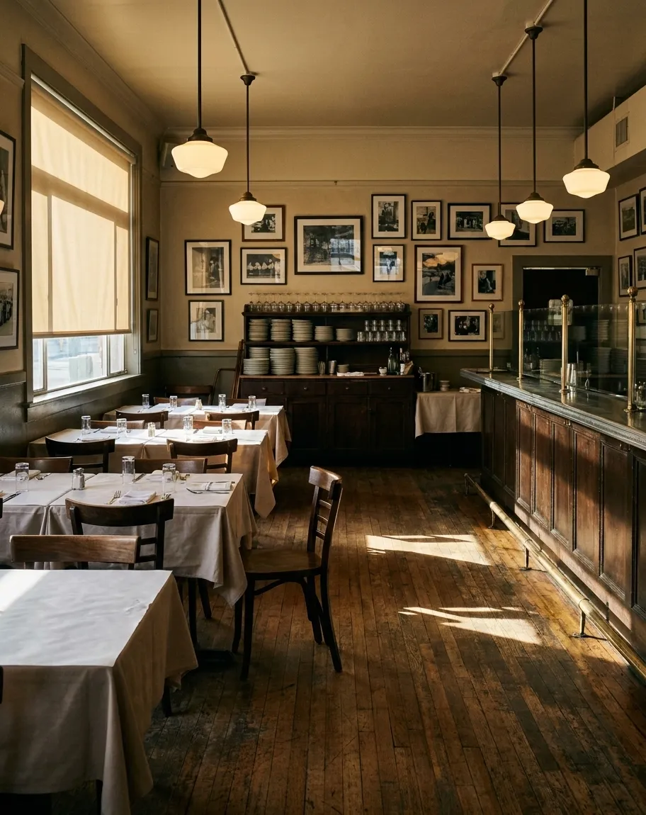 A plain older San Francisco dining room before service, paper-topped tables and a stacked sideboard, afternoon sun striping the floor