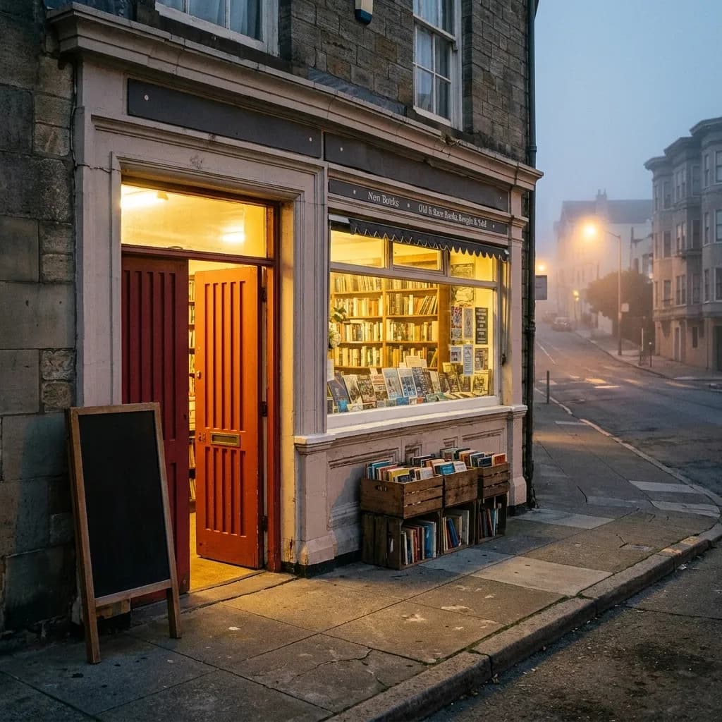 The wedged-open door of a small San Francisco corner bookshop at dusk, warm light on the sidewalk and crates of books under the window