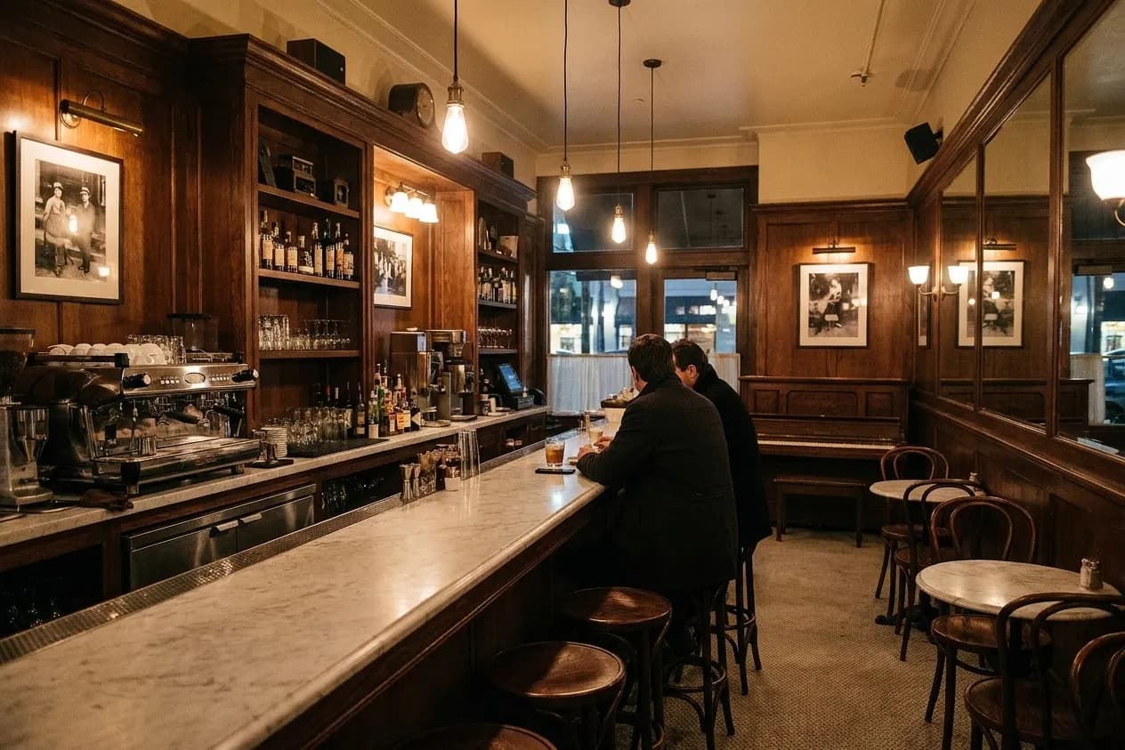 The interior of an old San Francisco café-bar in the evening, a marble counter with an espresso machine, round tables by a mirrored wall and a piano in the corner