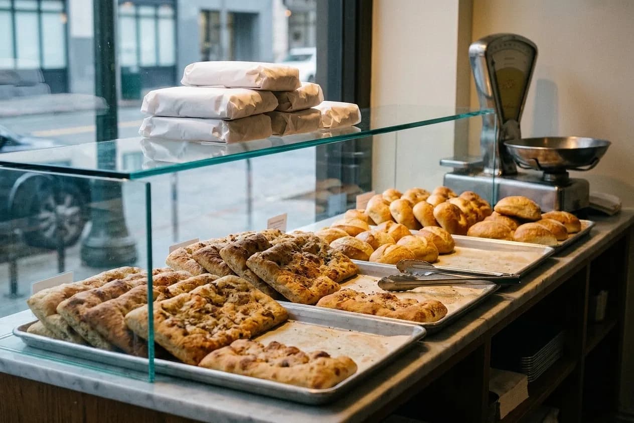 A small San Francisco bakery counter with metal trays of flatbread and rolls behind glass and paper-wrapped squares stacked on top