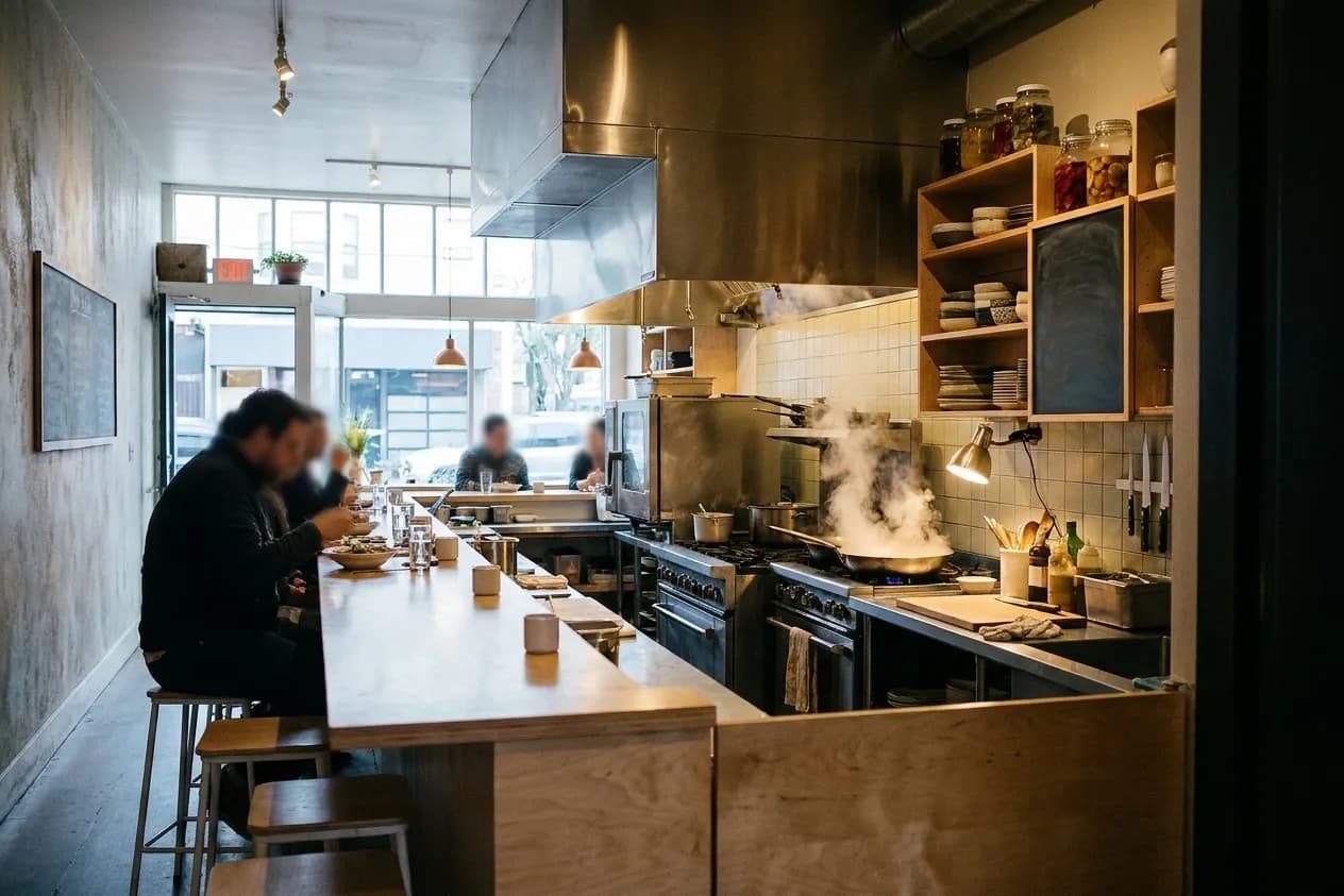 A narrow San Francisco neighbourhood restaurant seen from the doorway, with an eight-seat counter along an open kitchen, shelves of ceramics above the pass and steam rising off a pan under warm lamps
