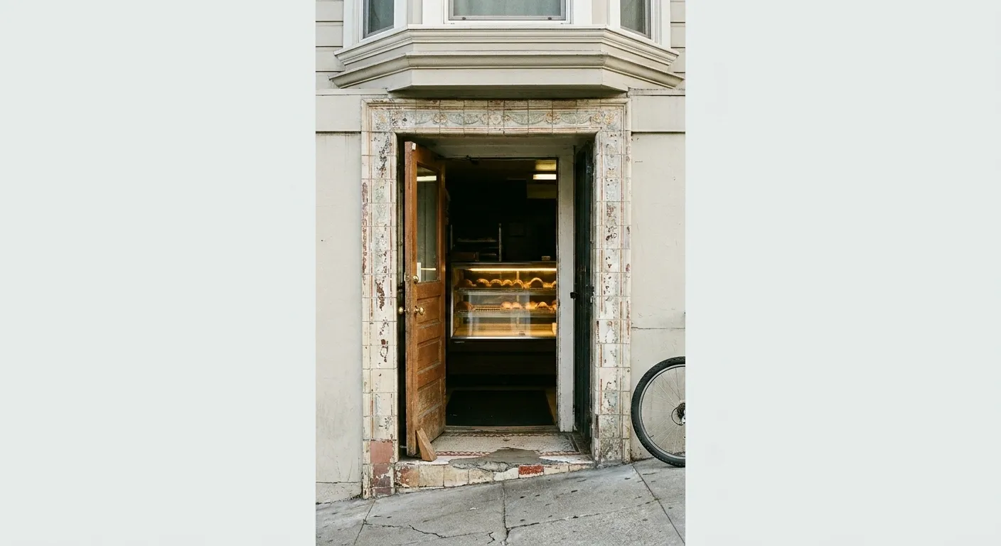 A narrow San Francisco pizza shop doorway barely wider than one person, worn tile surround and a warming case glowing inside
