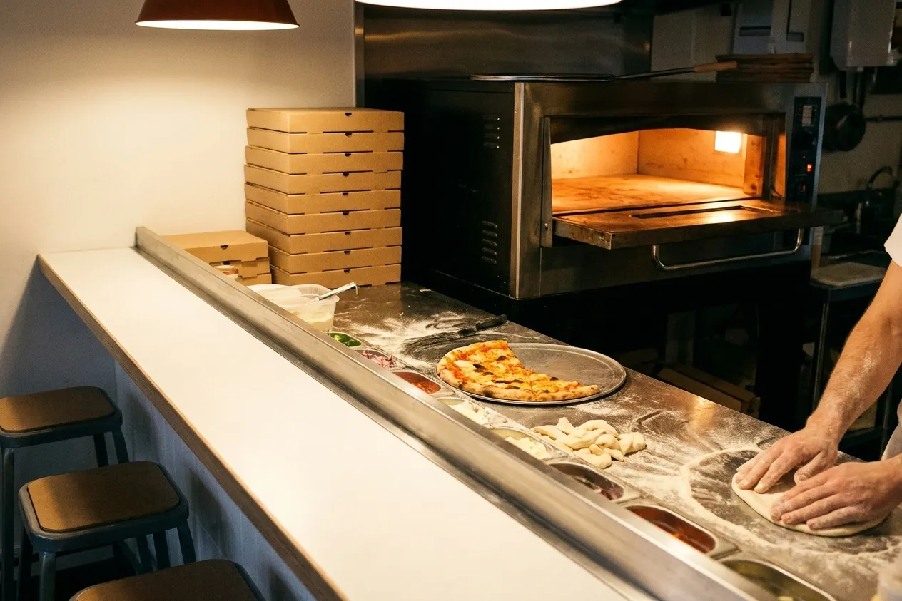The inside of a tiny pizza counter with a half-cut pie on a tray and a glowing deck oven behind