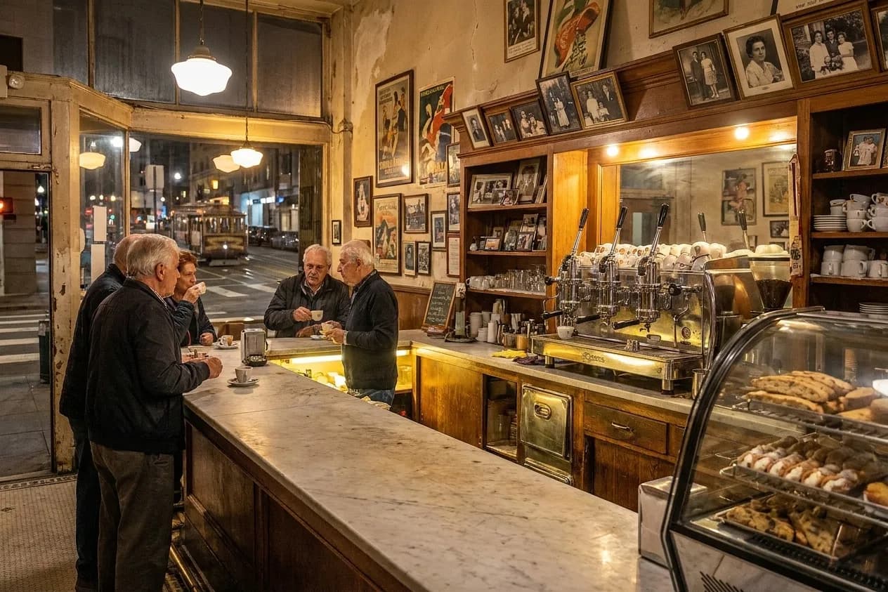 An old Italian-American espresso counter at night with a chrome machine, a curved glass pastry case and people standing with small cups