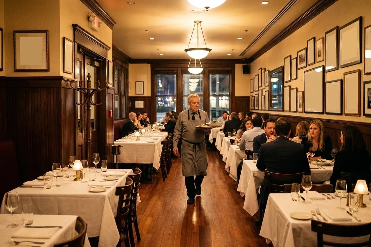 A long-established San Francisco dining room with white tablecloths, dark wood panelling and a waiter crossing with a tray