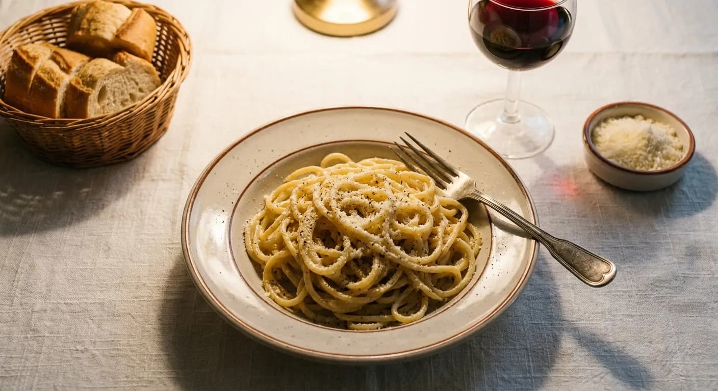 A plate of pasta on a white tablecloth beside a glass of red wine and a basket of bread, under warm lamp light