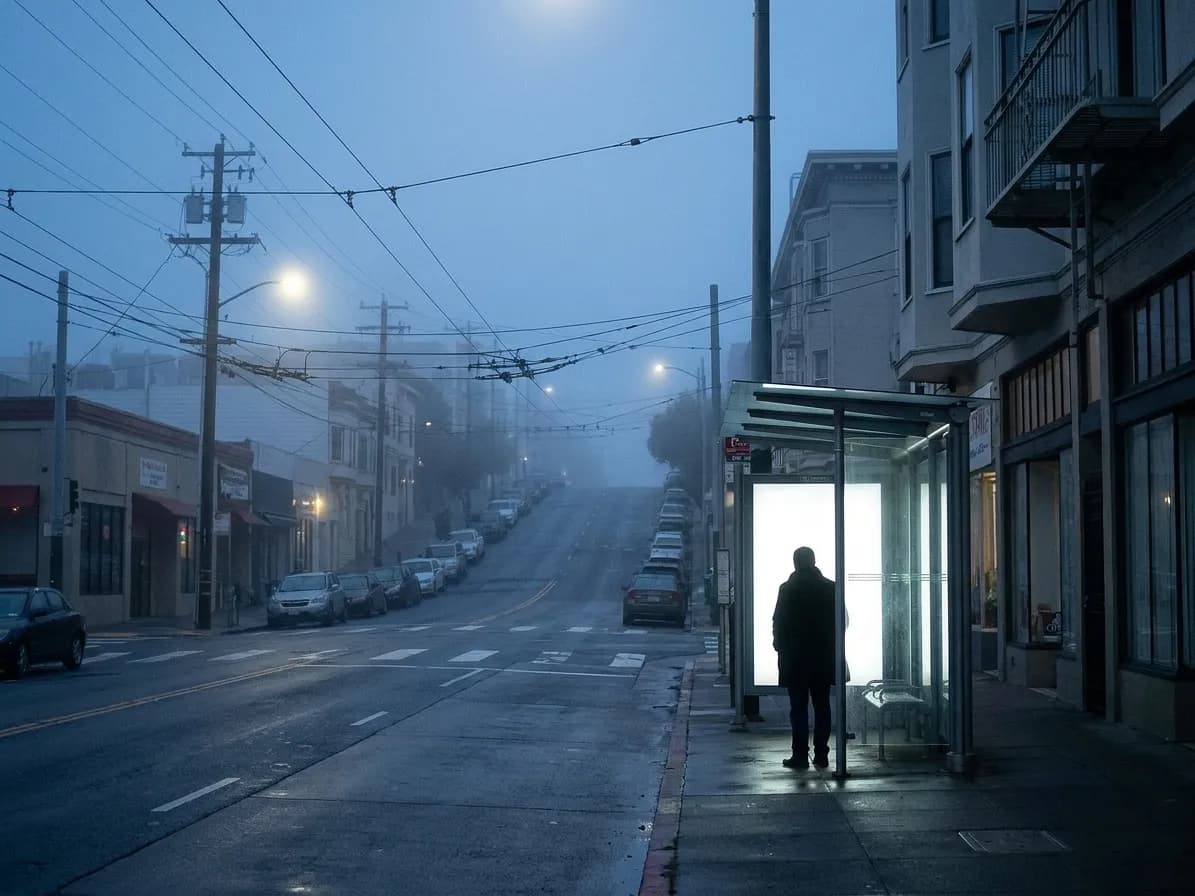 A San Francisco bus shelter after midnight with a lit blank panel, a steep parked-up street rising behind and trolley wires overhead