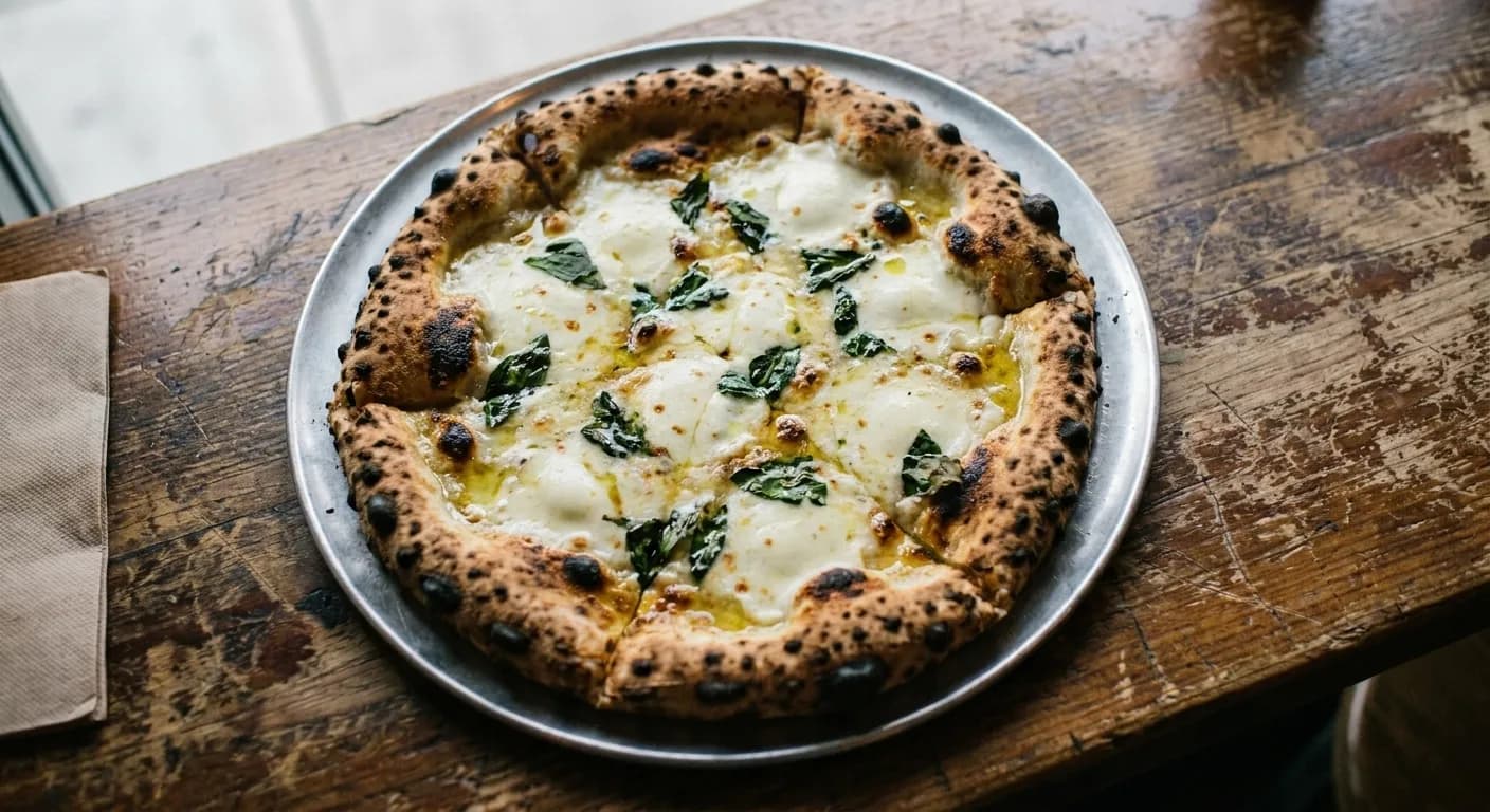 A whole blistered pizza on a battered steel tray on a scarred wooden table, shot from above in soft window light