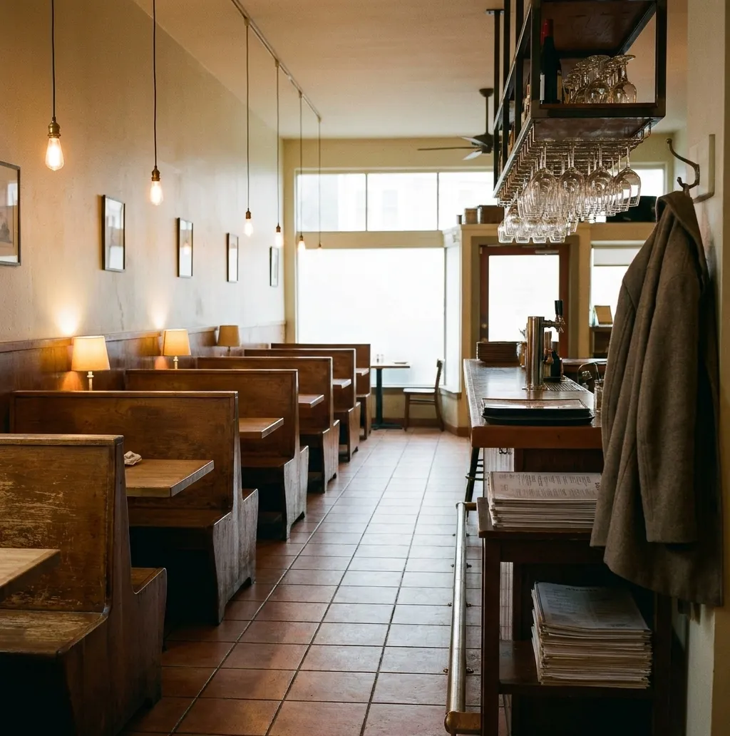 The inside of a long-running San Francisco neighbourhood restaurant at the start of dinner, with worn wooden booths, a tiled floor and hanging glasses over a small bar under fog-white window light