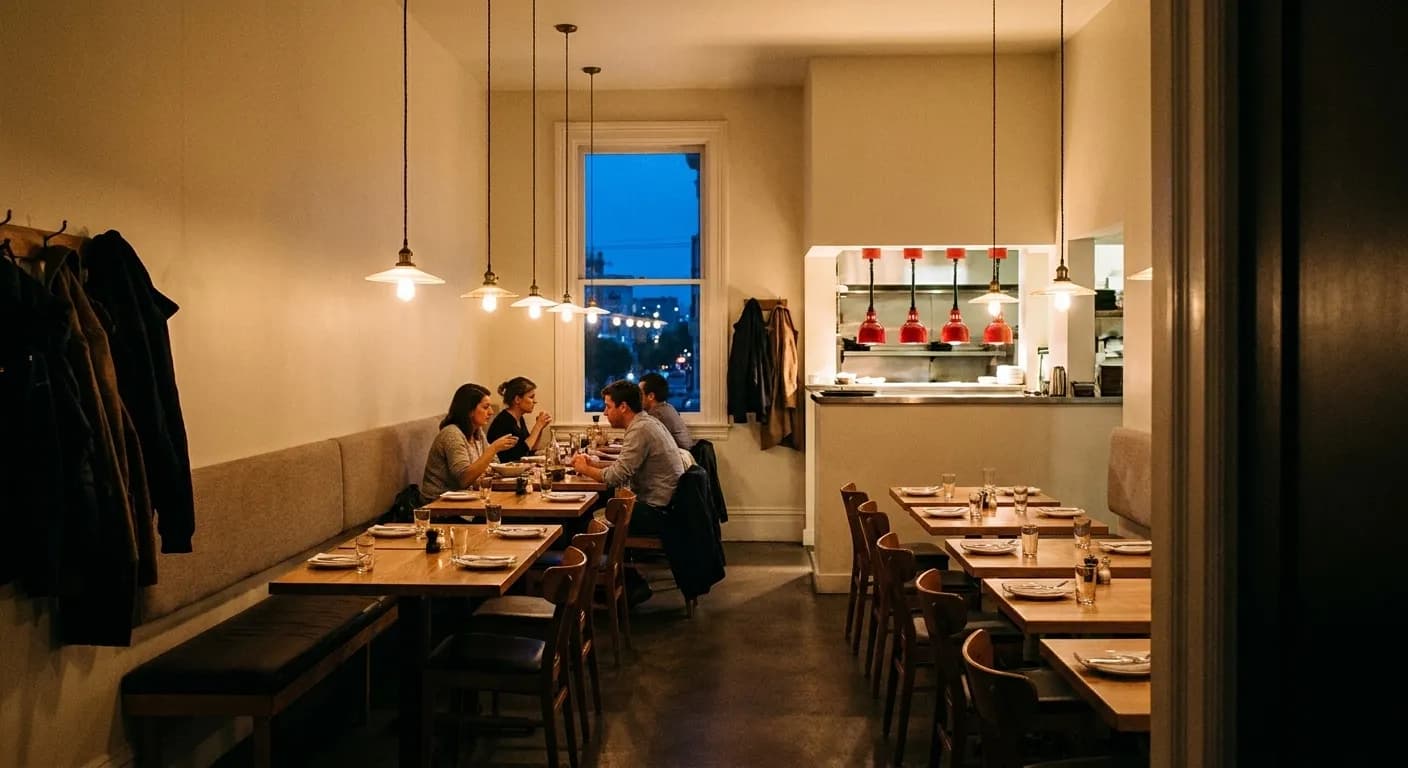 A narrow San Francisco dining room seen from the doorway, a banquette down one side and an open pass glowing at the far end under blue dusk windows