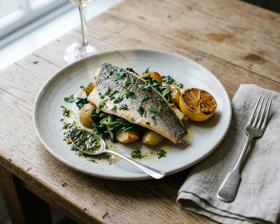 A plate of roasted fish over greens with sauce, lemon and herbs on a bare wooden table beside a folded linen napkin