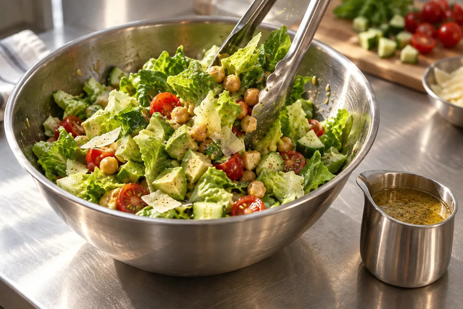 A salad being assembled in a large bowl at a counter