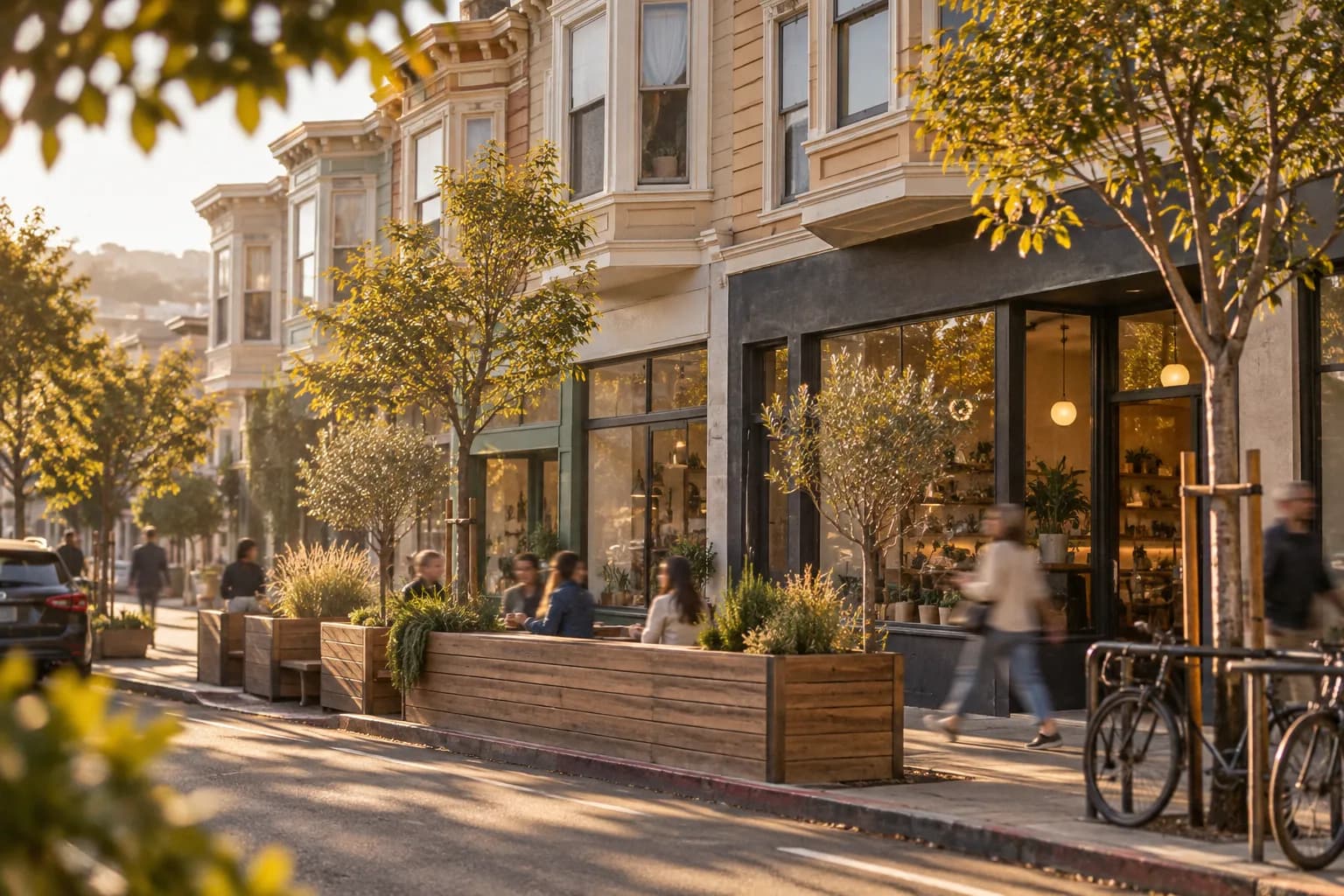 A Hayes Valley street with a parklet and low shopfronts in afternoon light