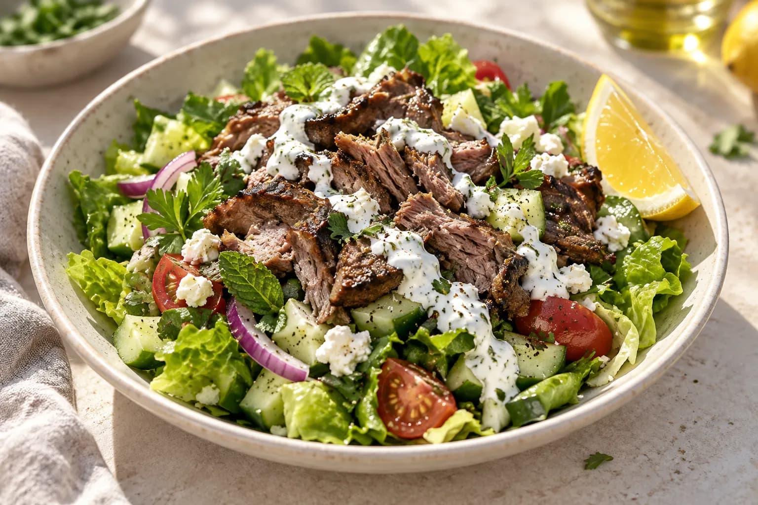 A large Greek salad with roasted meat, herbs and yogurt dressing
