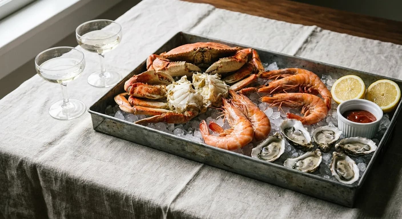 A steel tray of cracked crab, prawns and oysters on crushed ice with lemons and two glasses on a linen-covered San Francisco table