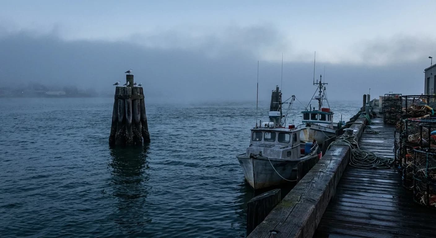 Two small fishing trawlers tied to a timber dock in San Francisco at dawn, crab pots stacked on the boards and fog on the water behind