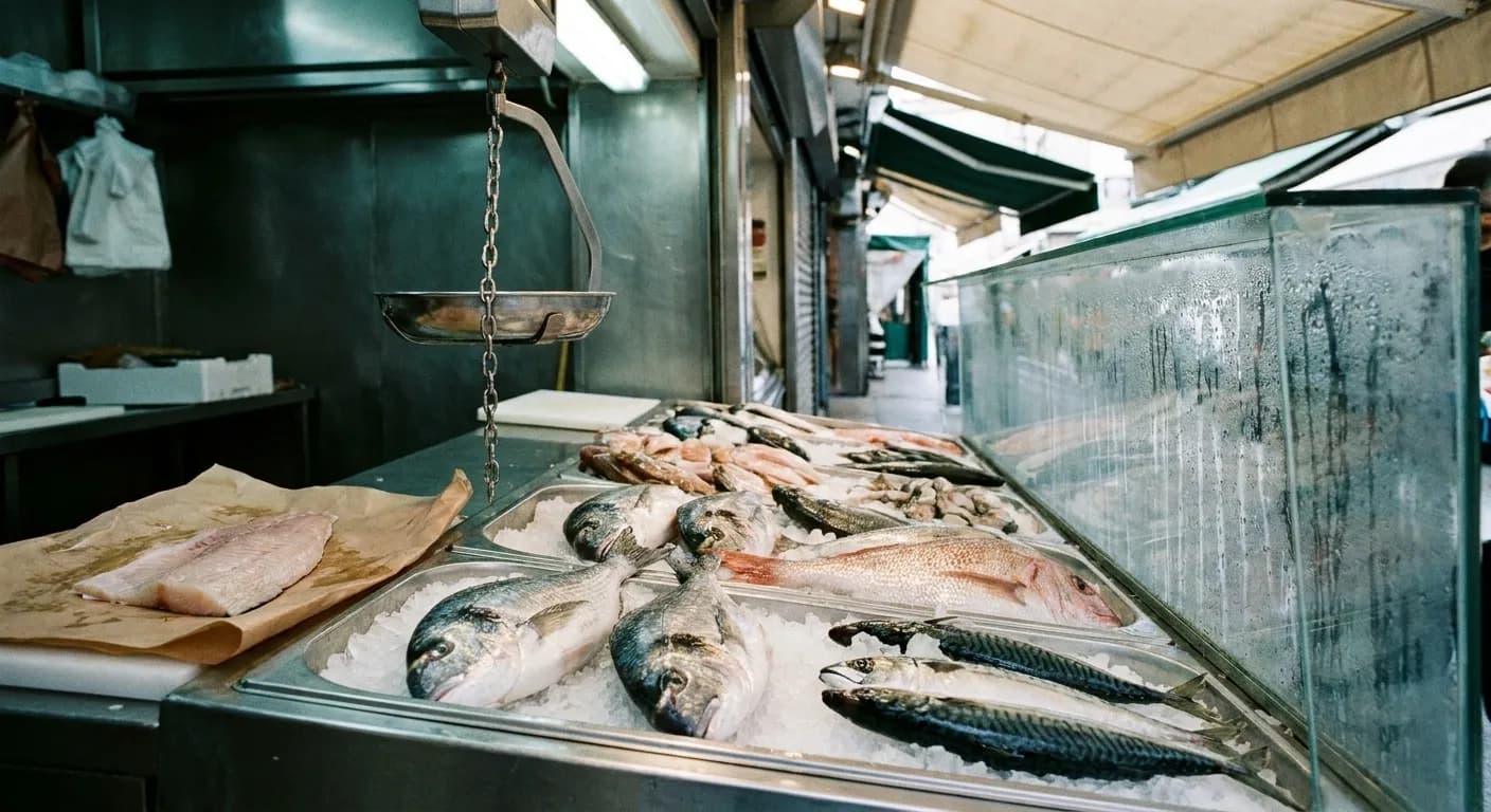 A fishmonger's counter of whole fish on crushed ice in steel trays with a cut fillet on paper beside a hanging scale hook