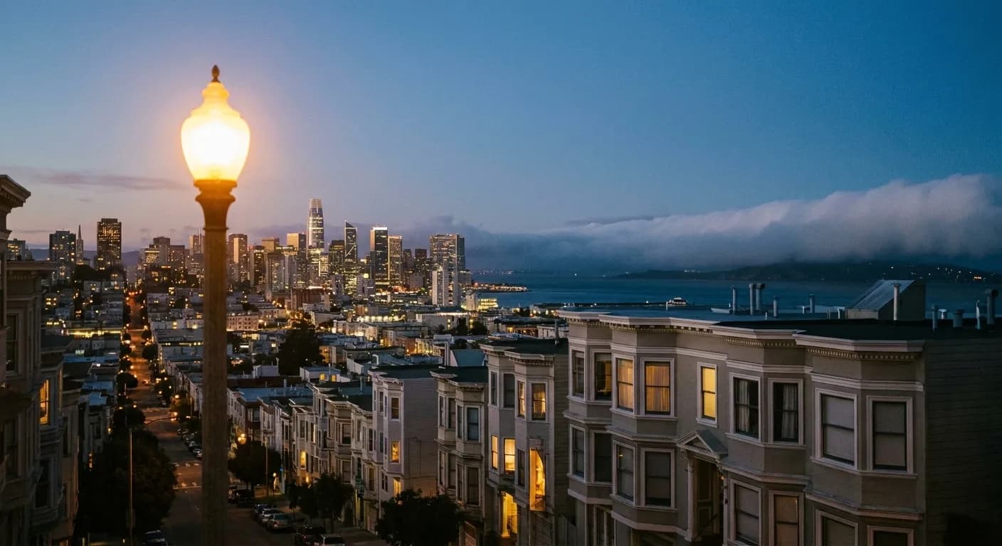 The view down a steep San Francisco street at dusk, rows of bay-windowed houses stepping downhill toward the lit downtown towers with fog spilling over a ridge and the dark bay behind
