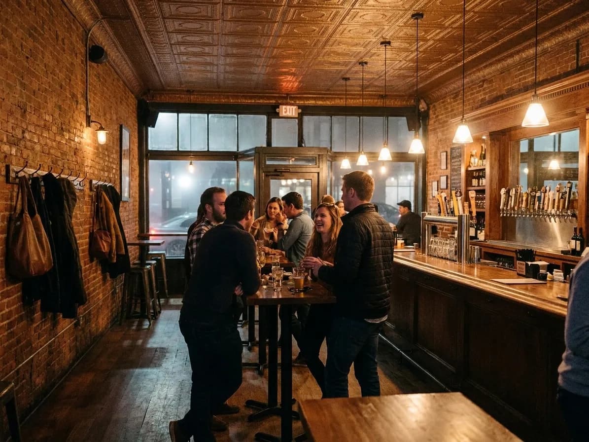 A busy San Francisco bar early in the evening, people standing between high tables beside a long bar under warm pendants, with exposed brick and a dark foggy street through the front window